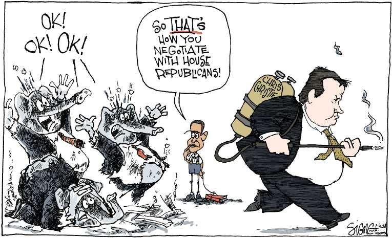 Political/Editorial Cartoon by Signe Wilkinson, Philadelphia Daily News on Debt Ceiling Battle Looming