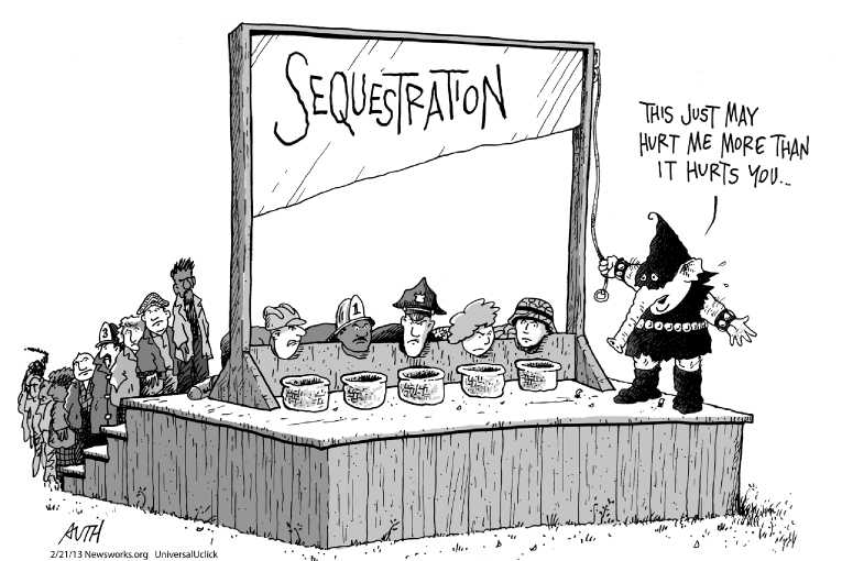 Political/Editorial Cartoon by Tony Auth, Philadelphia Inquirer on Sequester Deadline Nears