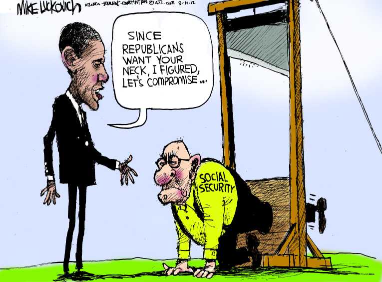 Political/Editorial Cartoon by Mike Luckovich, Atlanta Journal-Constitution on Obama Agrees to Soc. Sec. Cuts