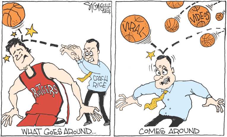 Political/Editorial Cartoon by Signe Wilkinson, Philadelphia Daily News on Rutgers Coached Fired