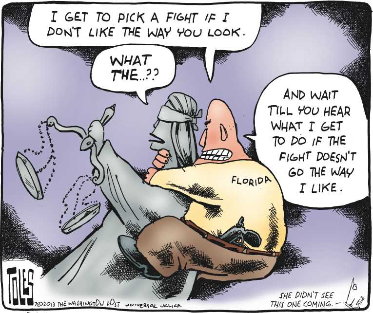 Political/Editorial Cartoon by Tom Toles, Washington Post on Martin’s Killer Acquitted