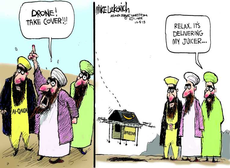 Political/Editorial Cartoon by Mike Luckovich, Atlanta Journal-Constitution on Drone Plans Expand