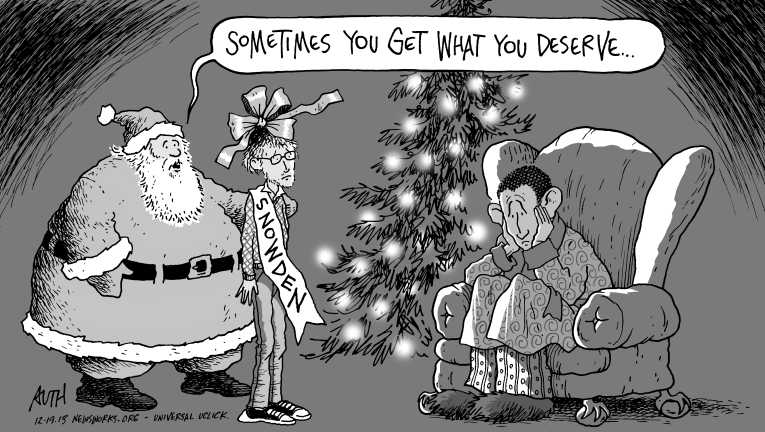 Political/Editorial Cartoon by Tony Auth, Philadelphia Inquirer on President’s Christmas Subdued