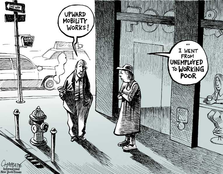 Political/Editorial Cartoon by Patrick Chappatte, International Herald Tribune on Low Wages Remain Problem