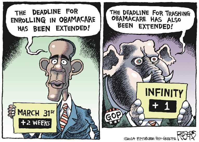 Political/Editorial Cartoon by Rob Rogers, The Pittsburgh Post-Gazette on ObamaCare Signups Top 6 Million