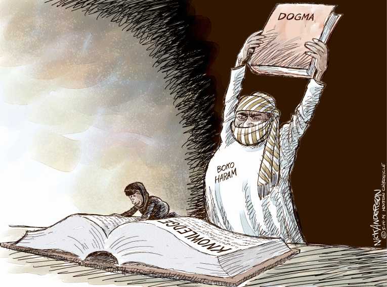 Political/Editorial Cartoon by Nick Anderson, Houston Chronicle on School Girls Abducted in Nigeria