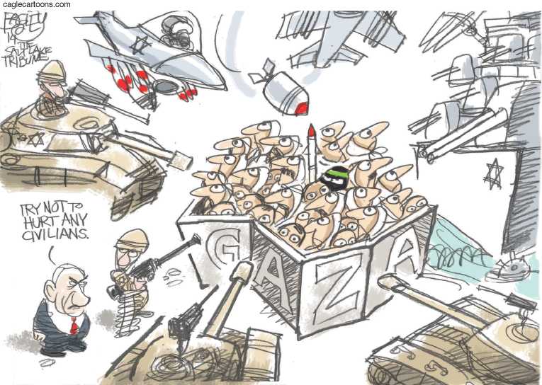 Political/Editorial Cartoon by Pat Bagley, Salt Lake Tribune on 192 Palestinians killed, 1400 injured