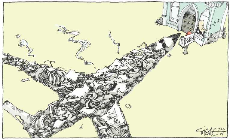 Political/Editorial Cartoon by Signe Wilkinson, Philadelphia Daily News on Malaysia Flight 17 Shot Down