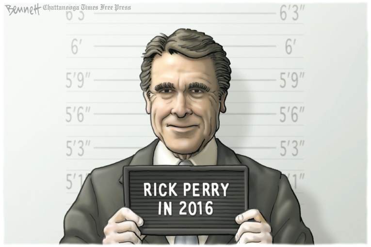 Political/Editorial Cartoon by Clay Bennett, Chattanooga Times Free Press on Rick Perry Indicted