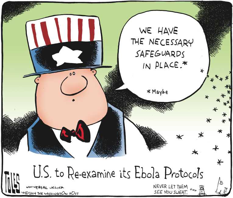 Political/Editorial Cartoon by Tom Toles, Washington Post on Ebola Strikes Three in Dallas