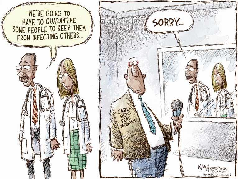 Political/Editorial Cartoon by Nick Anderson, Houston Chronicle on Ebola Strikes Three in Dallas
