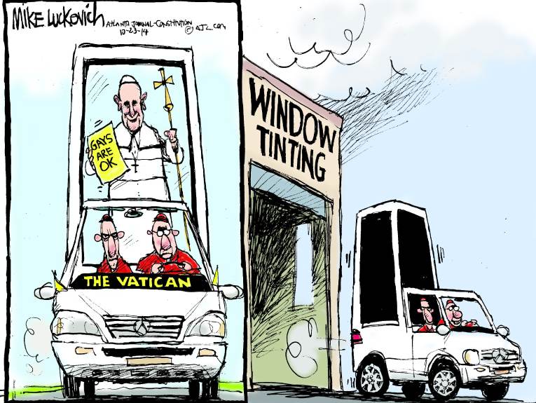 Political/Editorial Cartoon by Mike Luckovich, Atlanta Journal-Constitution on Pope Welcomes Gays