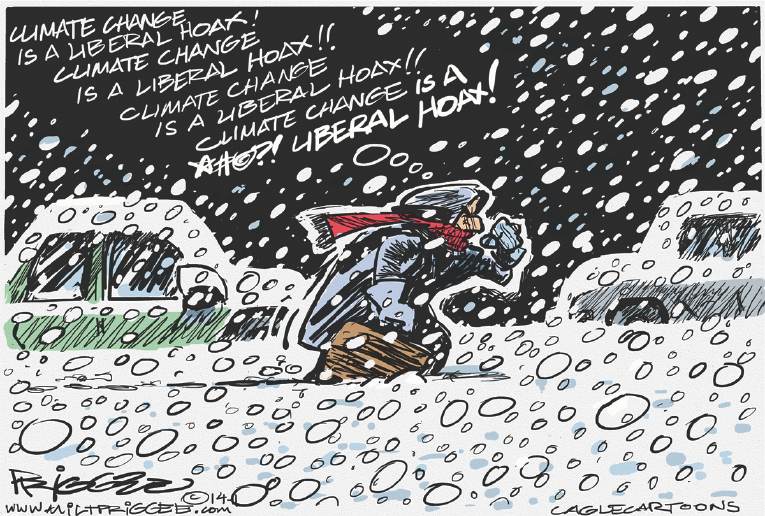 Political/Editorial Cartoon by Milt Priggee, www.miltpriggee.com on Record Cold, Record Snow Blast US