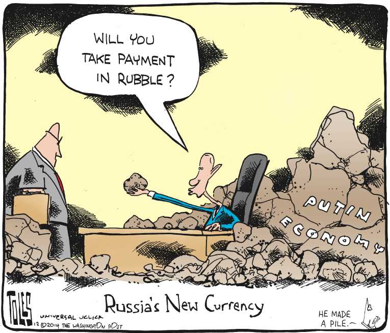 Political/Editorial Cartoon by Tom Toles, Washington Post on Ruble Crashes