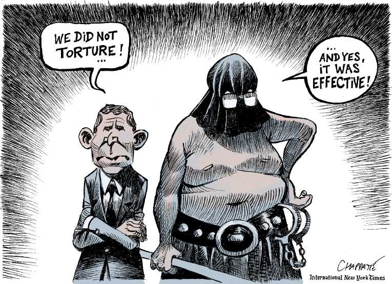 Political/Editorial Cartoon by Patrick Chappatte, International Herald Tribune on Torture Report Shocks Nation, World