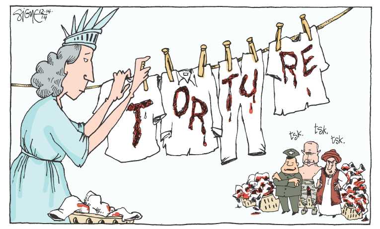 Political/Editorial Cartoon by Dan Wasserman, Boston Globe on Torture Report Shocks Nation, World