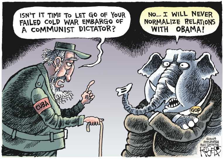 Political/Editorial Cartoon by Rob Rogers, The Pittsburgh Post-Gazette on Obama Normalizes Cuba Relations