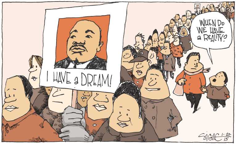 Political/Editorial Cartoon by Signe Wilkinson, Philadelphia Daily News on Martin Luther King Celebrated