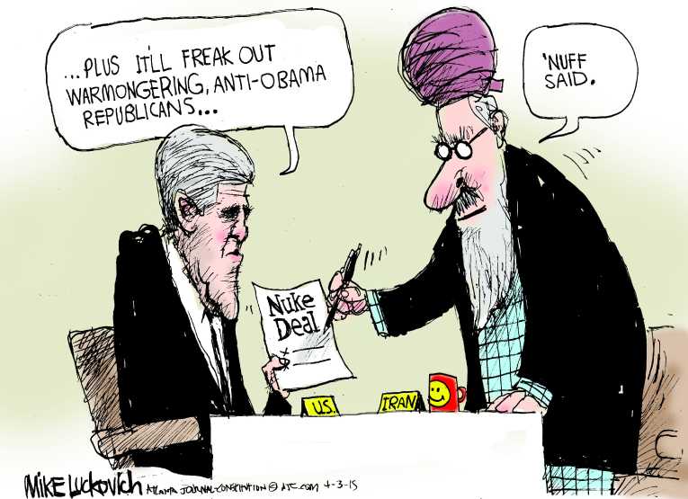 Political/Editorial Cartoon by Mike Luckovich, Atlanta Journal-Constitution on Nuke Deal Reached With Iran