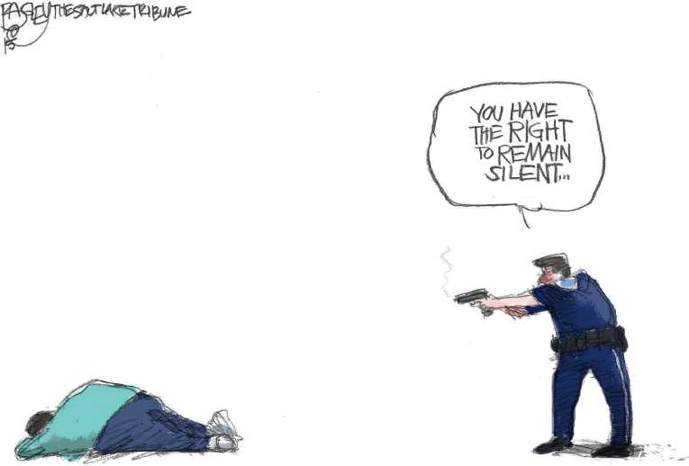 Political/Editorial Cartoon by Pat Bagley, Salt Lake Tribune on Policeman Charged With Murder