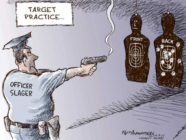 Political/Editorial Cartoon by Nick Anderson, Houston Chronicle on Policeman Charged With Murder