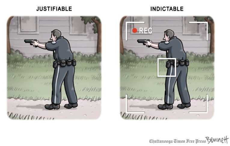 Political/Editorial Cartoon by Clay Bennett, Chattanooga Times Free Press on Policeman Charged With Murder