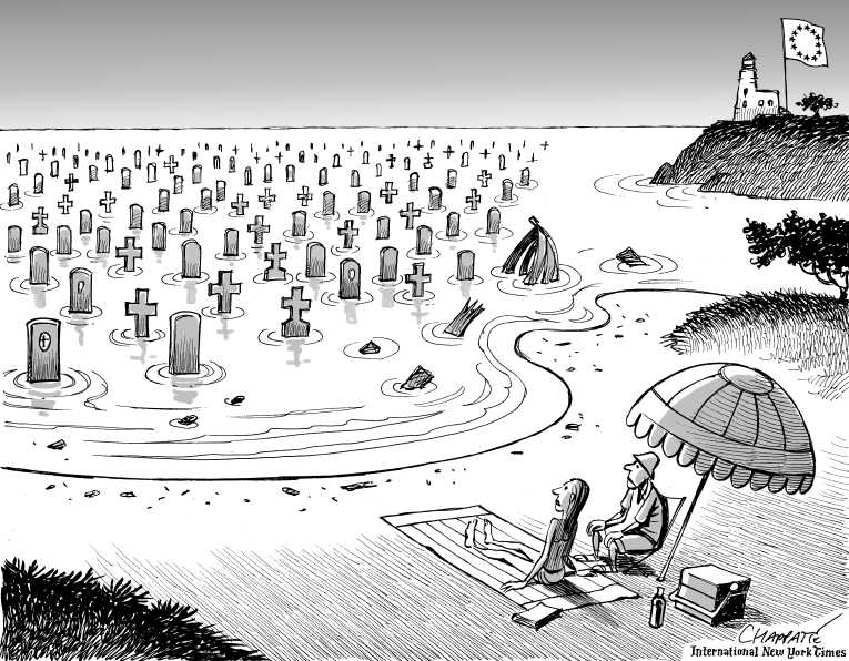 Political/Editorial Cartoon by Patrick Chappatte, International Herald Tribune on 700 Feared Dead in Mediterranean