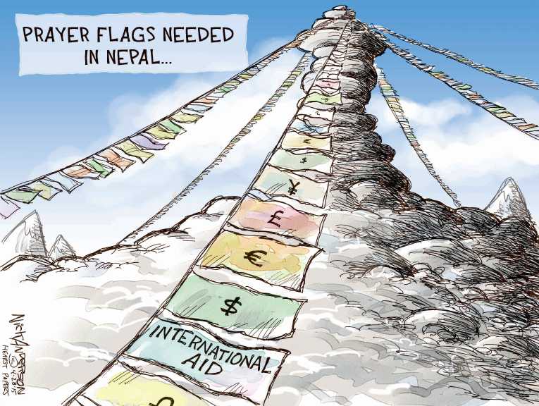 Political/Editorial Cartoon by Nick Anderson, Houston Chronicle on Massive Quake Shatters Nepal