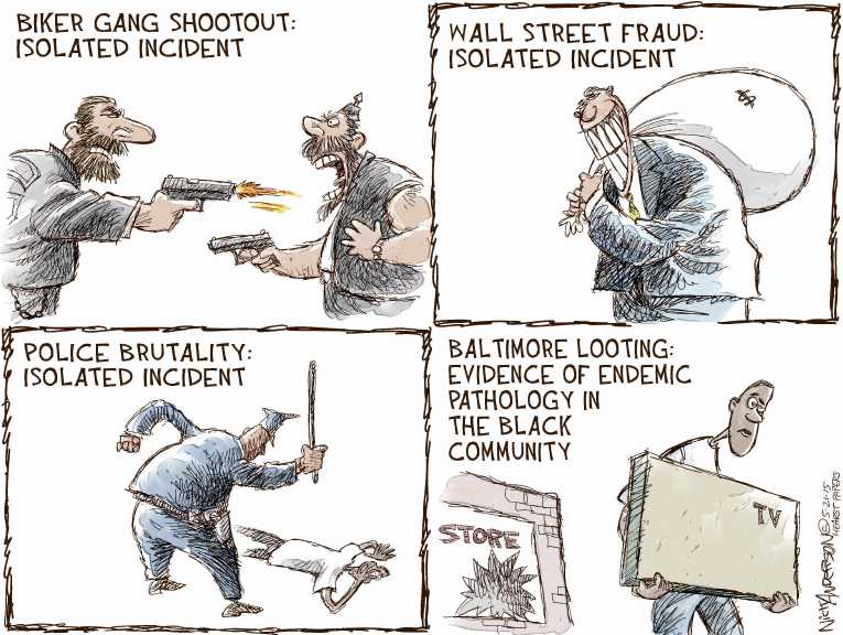 Political/Editorial Cartoon by Nick Anderson, Houston Chronicle on 9 Killed in Biker Shootout