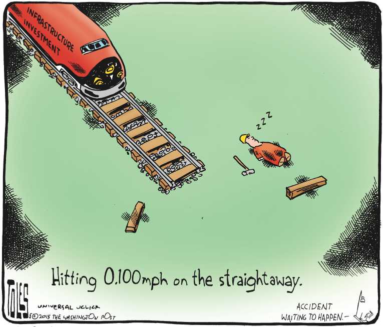 Political/Editorial Cartoon by Tom Toles, Washington Post on Train Derailment Kills 8