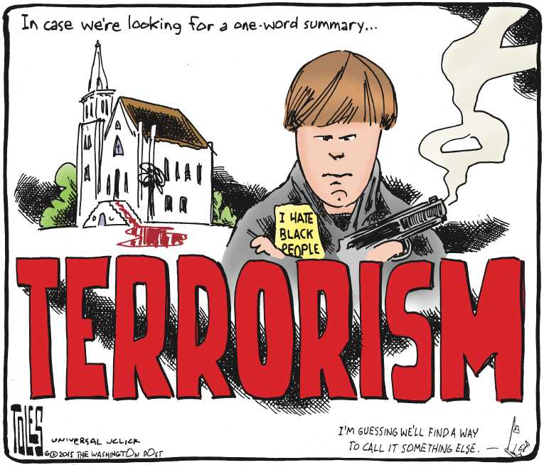 Political/Editorial Cartoon by Tom Toles, Washington Post on 9 Shot Dead in Charleston Church