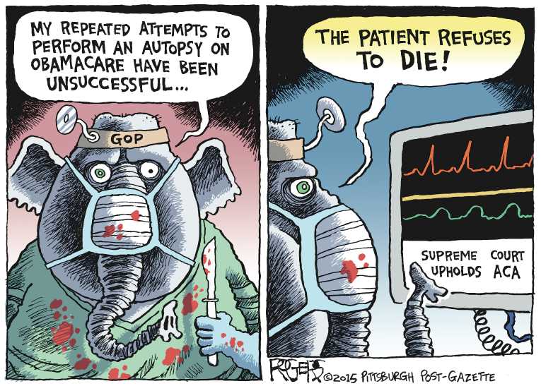 Political/Editorial Cartoon by Rob Rogers, The Pittsburgh Post-Gazette on Supreme Court Upholds ObamaCare