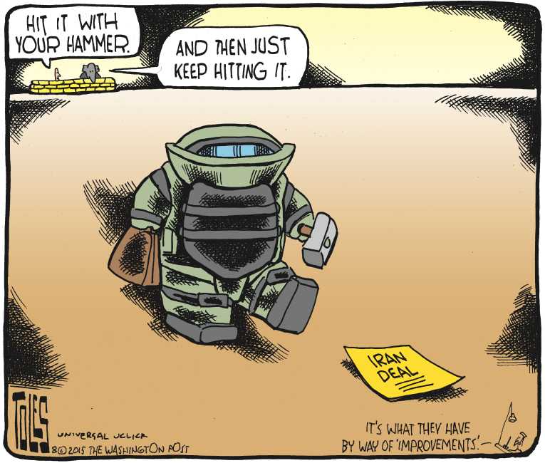 Political/Editorial Cartoon by Tom Toles, Washington Post on Iran Deal in Doubt