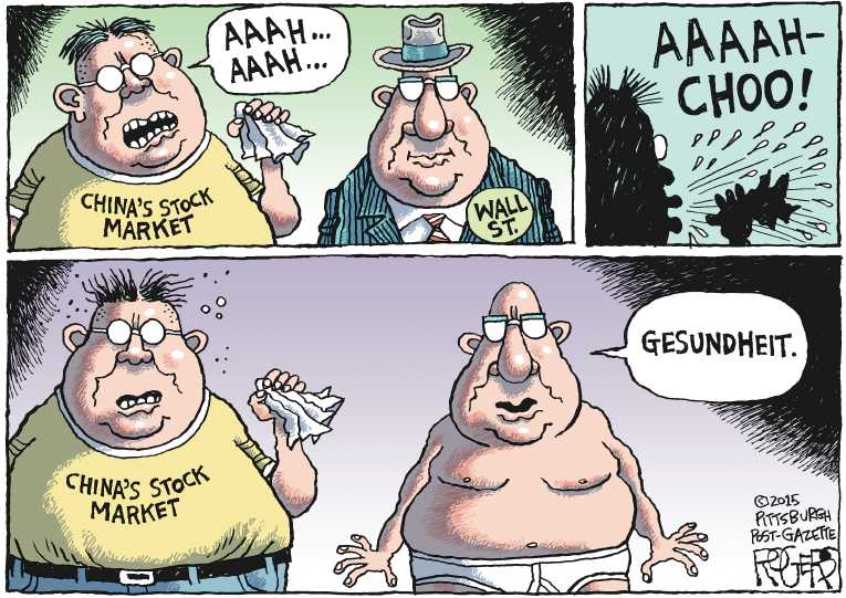 Political/Editorial Cartoon by Rob Rogers, The Pittsburgh Post-Gazette on World Markets Plummet