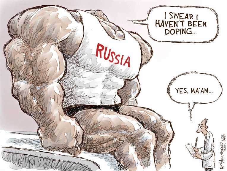 Political/Editorial Cartoon by Nick Anderson, Houston Chronicle on Russia Admits to Doping