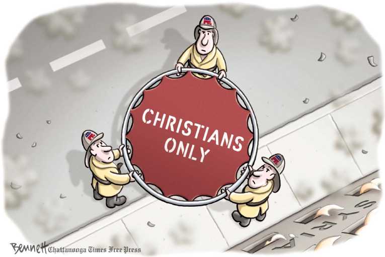 Political/Editorial Cartoon by Clay Bennett, Chattanooga Times Free Press on Refugee Solution Sought