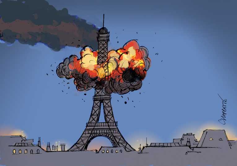Political/Editorial Cartoon by Patrick Chappatte, International Herald Tribune on Terror Strikes Paris