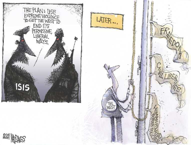 Political/Editorial Cartoon by Matt Davies, Journal News on Terror Strikes Paris