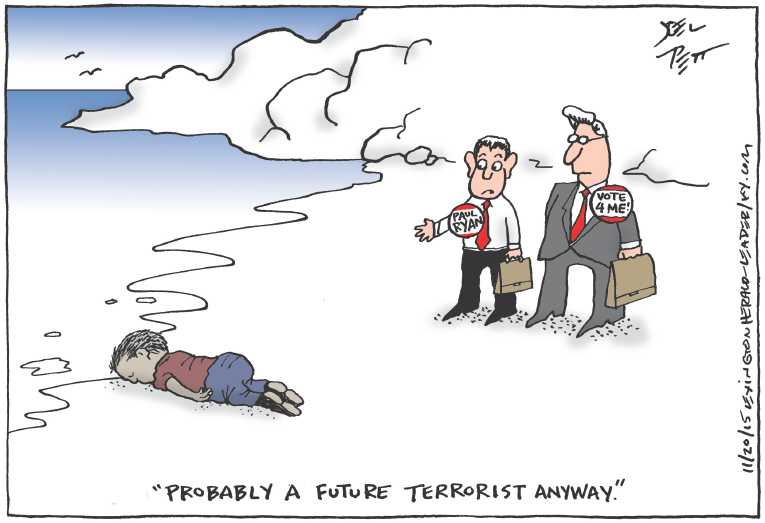Political/Editorial Cartoon by Joel Pett, Lexington Herald-Leader, CWS/CartoonArts Intl. on Refugee Crisis Worsens