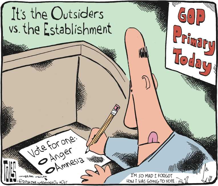 Political/Editorial Cartoon by Tom Toles, Washington Post on Trump, Cruz Top GOP Field
