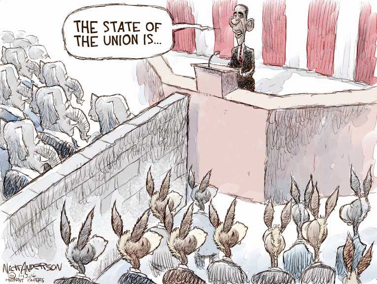 Political/Editorial Cartoon by Nick Anderson, Houston Chronicle on Obama Delivers Last SOTU Address