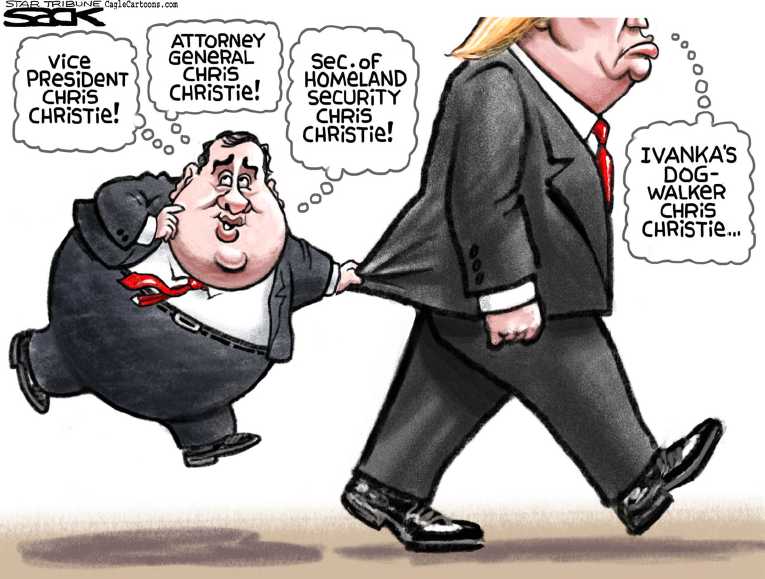 Political/Editorial Cartoon by Steve Sack, Minneapolis Star Tribune on Christie Endorses Trump