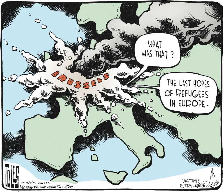 Political/Editorial Cartoon by Tom Toles, Washington Post on Terrorism Strikes Brussels