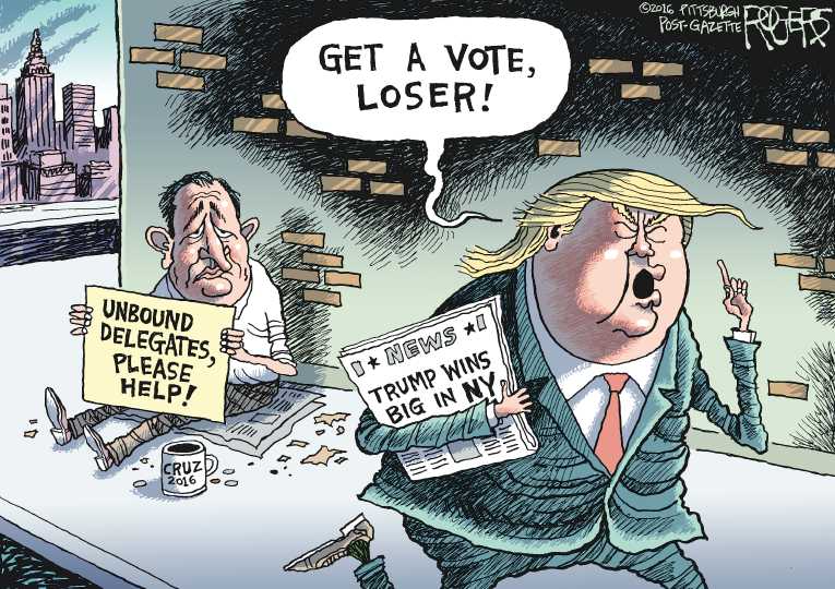 Political/Editorial Cartoon by Rob Rogers, The Pittsburgh Post-Gazette on Trump Wins New York