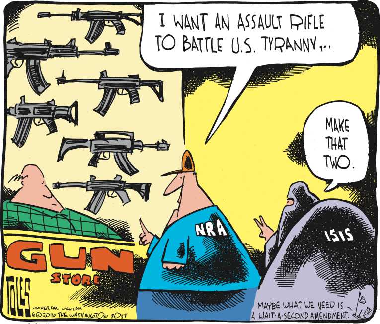 Political/Editorial Cartoon by Tom Toles, Washington Post on Congress Rejects Gun Bills
