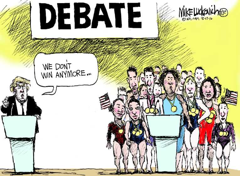 Political/Editorial Cartoon by Mike Luckovich, Atlanta Journal-Constitution on Heroes Galore at Olympics