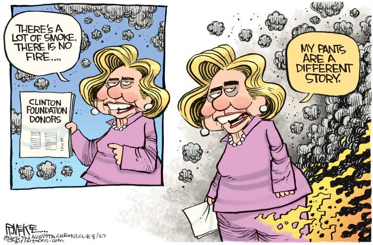 Political/Editorial Cartoon by Rick McKee, The Augusta Chronicle on Clinton Kicking Back