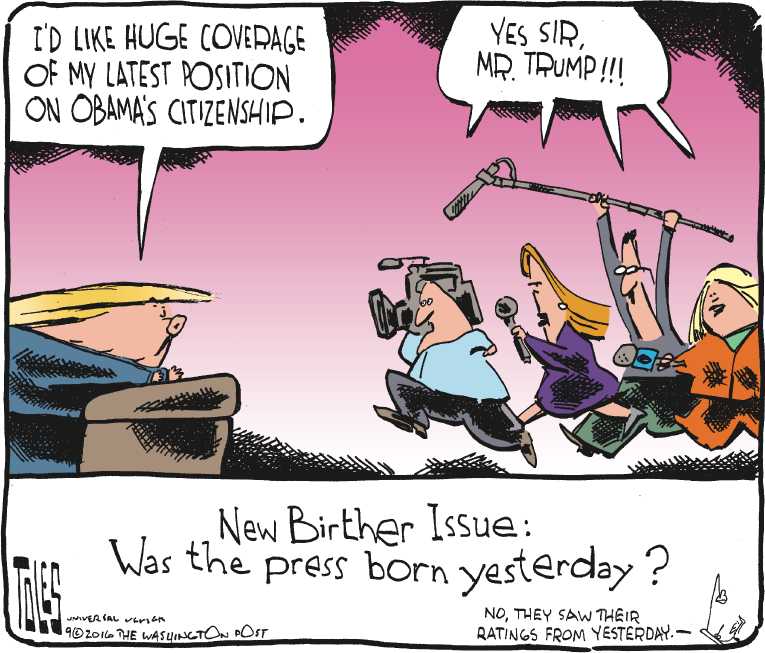 Political/Editorial Cartoon by Tom Toles, Washington Post on Trump Birther Investigation Ends