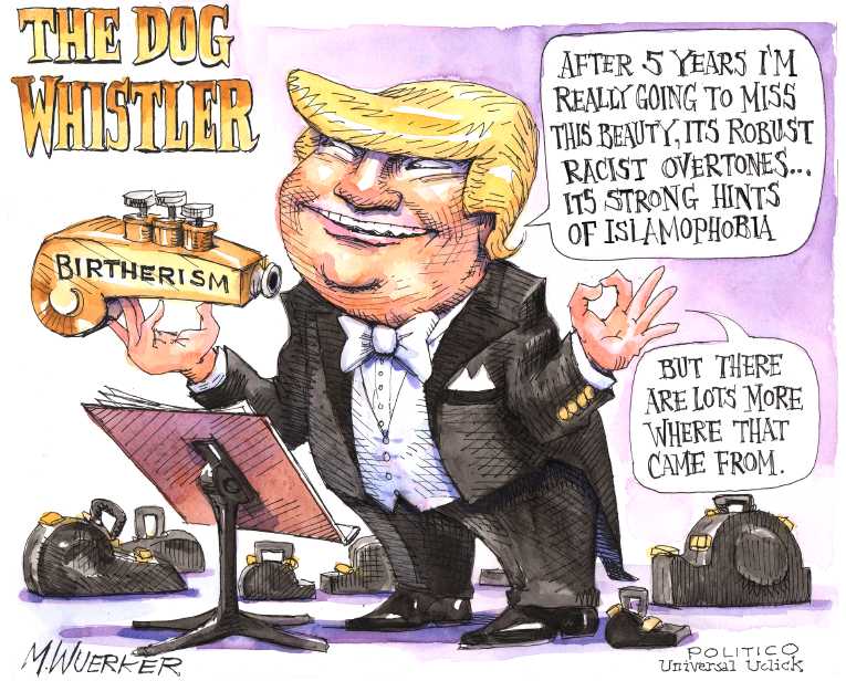 Political/Editorial Cartoon by Matt Wuerker, Politico on Trump Birther Investigation Ends