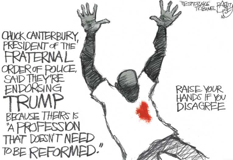 Political/Editorial Cartoon by Pat Bagley, Salt Lake Tribune on Police Kill Unarmed Black Man